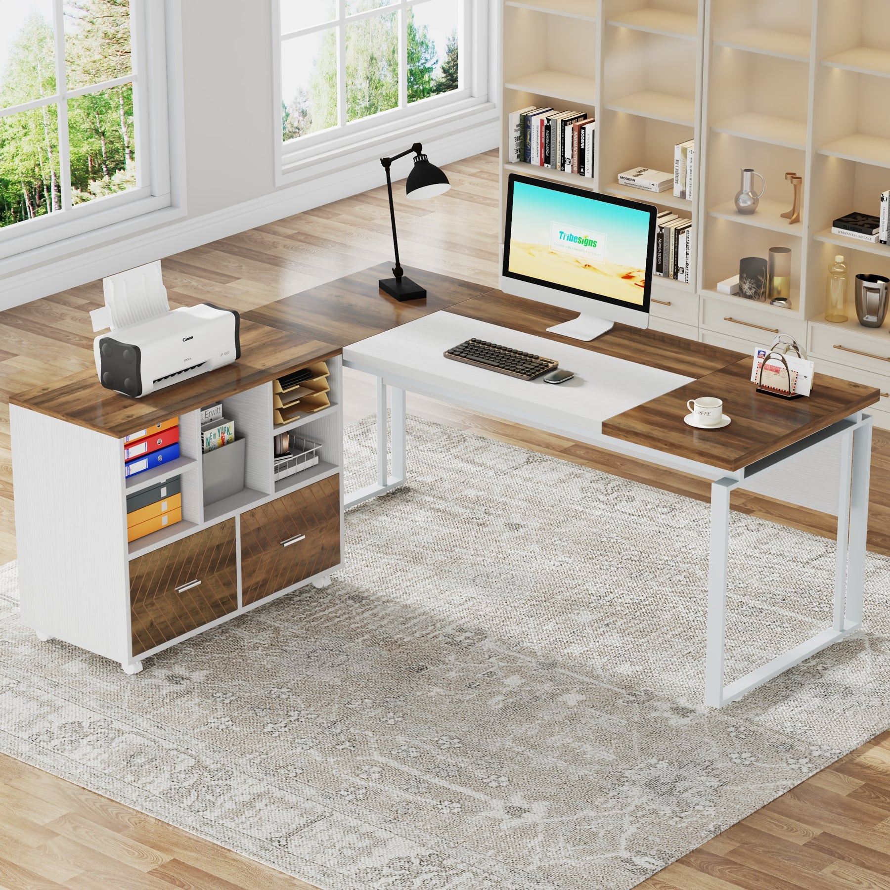 L-Shaped Executive Desk, 63" Computer Desk with Mobile File Cabinet Tribesigns